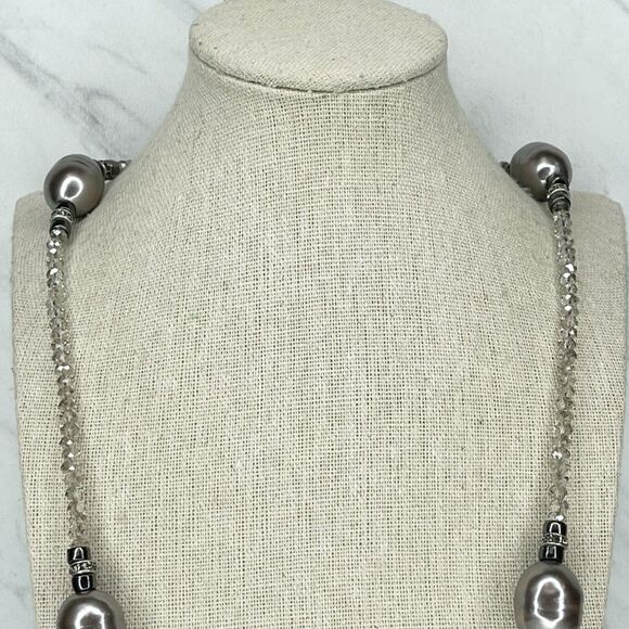Chico's Silver Tone Metallic Beaded Station Rhinestone Long Necklace - Picture 3 of 6